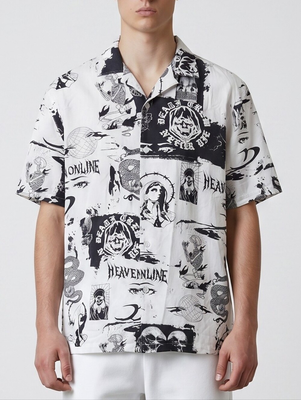 Forever 21 Black and White Graphic Short-Sleeve Button-Down Shirt